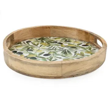 Handcrafted round serving tray in mango wood with olives pattern, 30cm.