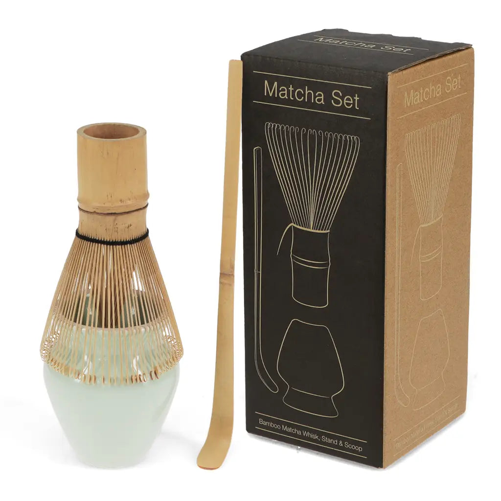 Handmade bamboo matcha whisk with matching ceramic stand