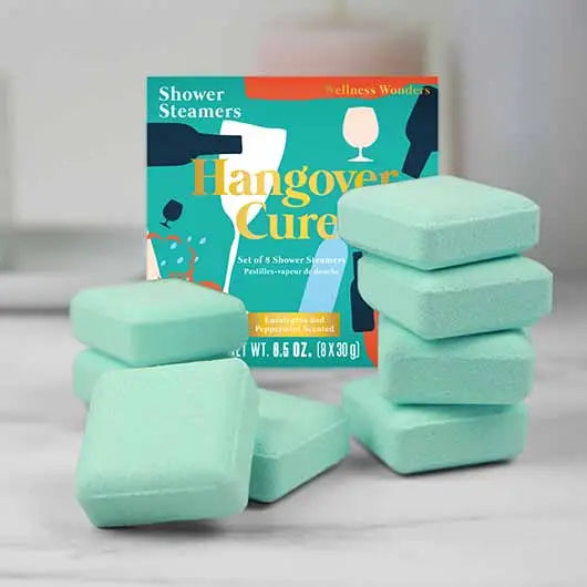 Hangover Cure Shower Steamers on a marble surface.