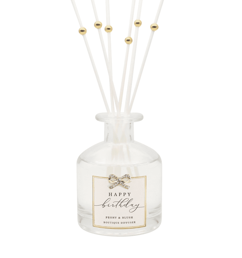 Happy Birthday Peony & Blush diffuser with gold diamante bow and white reeds.