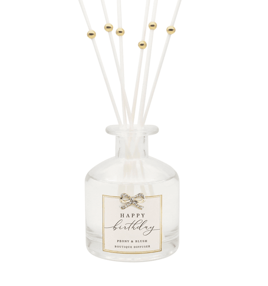Happy Birthday Peony & Blush diffuser with gold diamante bow and white reeds.