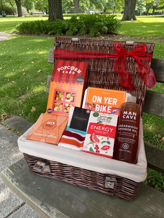 Happy Cycling Gift Box with bike maintenance kit, snacks, socks and shower gel