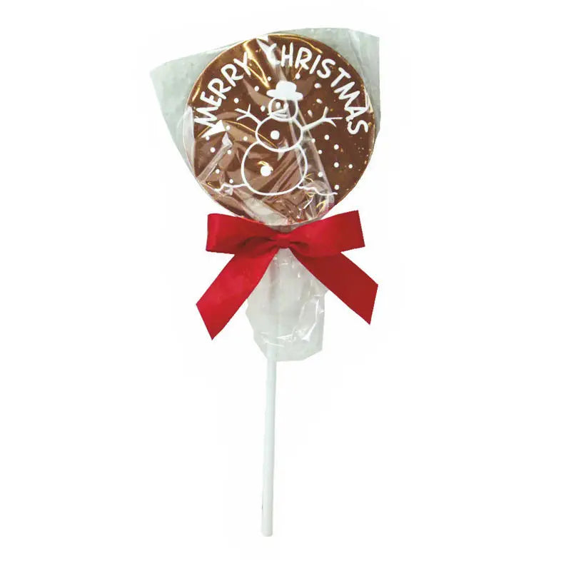Festive Happy Snowman milk chocolate lolly, smooth creamy chocolate shaped like a smiling snowman — perfect Christmas treat or stocking filler.