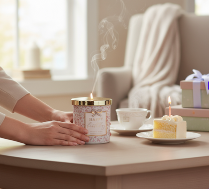 Happy Birthday Peony & Blush Suede Boutique Soy Candle in floral packaging, natural soy wax with peony and suede fragrance for celebrations.