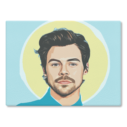 Rectangular glass chopping board featuring custom artwork of Harry Styles, 28.5cm x 39cm.