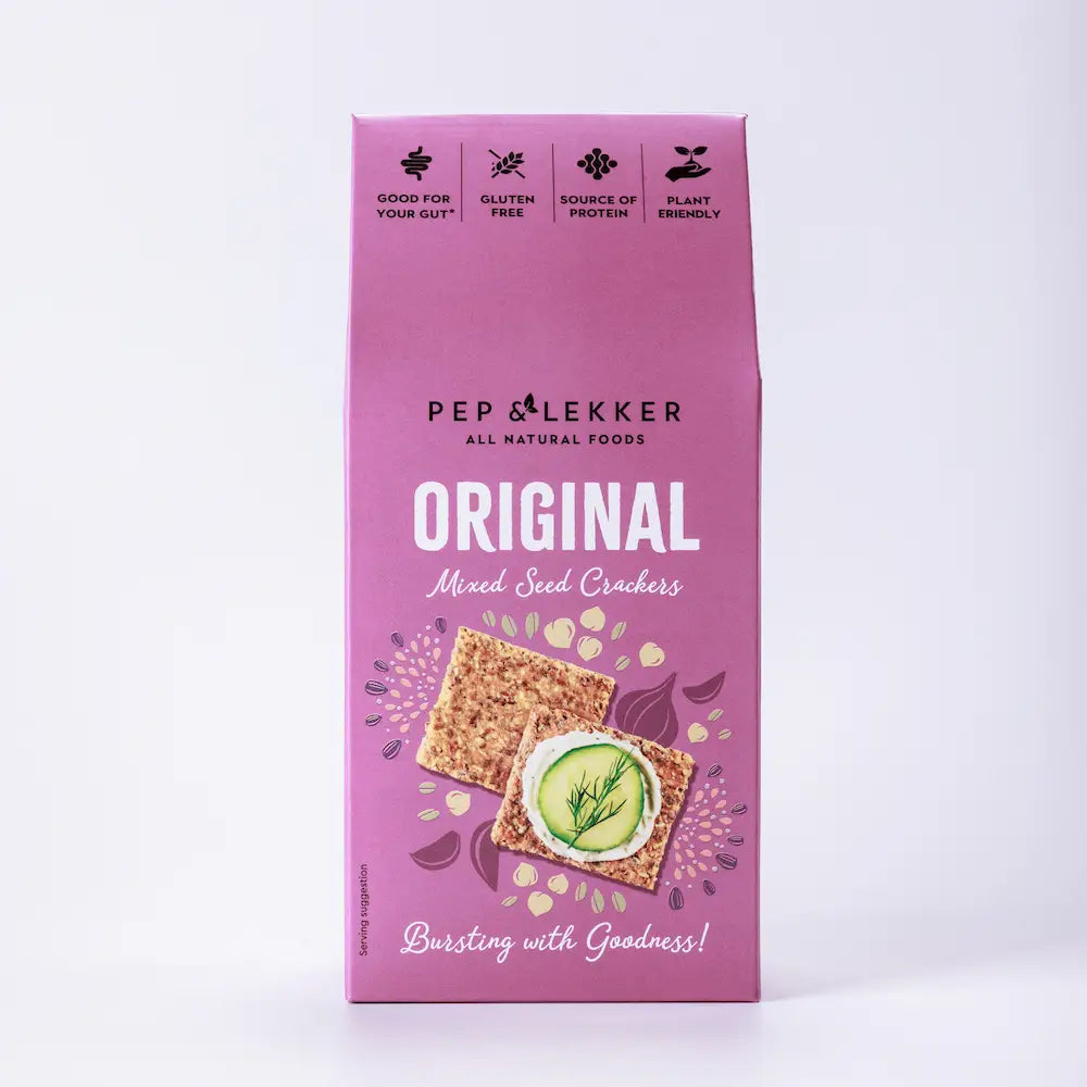 Box of award-winning all-natural mixed seed crackers made in Cornwall – gluten-free, vegan, prebiotic, and high in fibre with recyclable packaging.