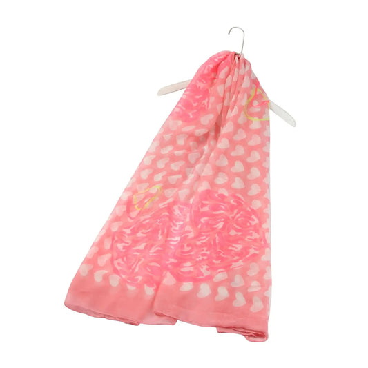 Lightweight pink scarf with heart print, perfect for summer.