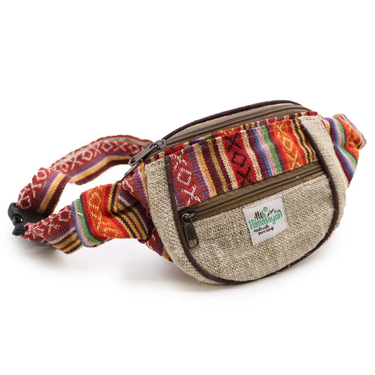 Bright and colourful eco-friendly hemp and cotton bum bag with adjustable strap and multiple zippered pockets.