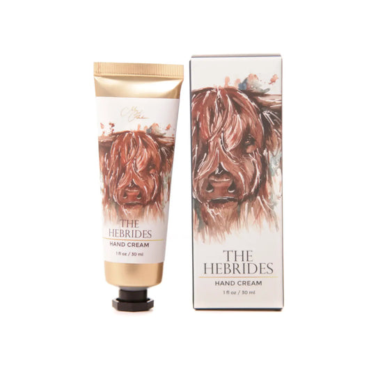 Highland Cow Hand Cream with Hebrides design and lemongrass bergamot scent.