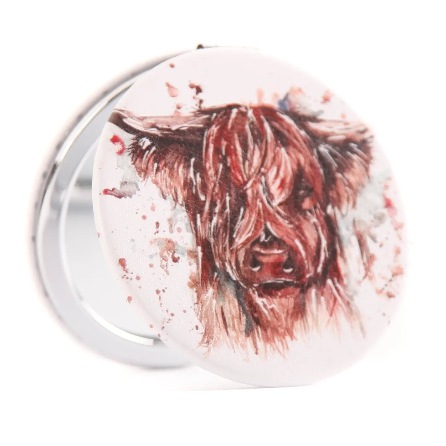 Highland Cow compact mirror with Meg Hawkins’s art—perfect for gifts and everyday use.