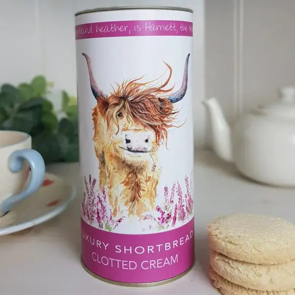 Highland Harriet clotted cream shortbread biscuit drum tin with traditional Scottish design.