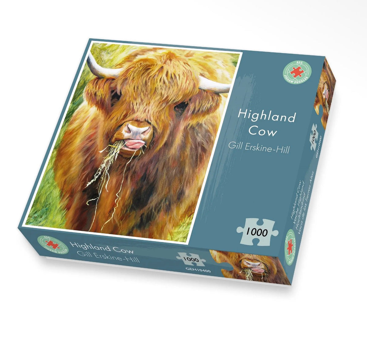 A 1000 piece jigsaw of a cheeky Highland cow by artist Gill Erskine-Hill. A fun gift for puzzle lovers, animal fans and Scotland lovers.