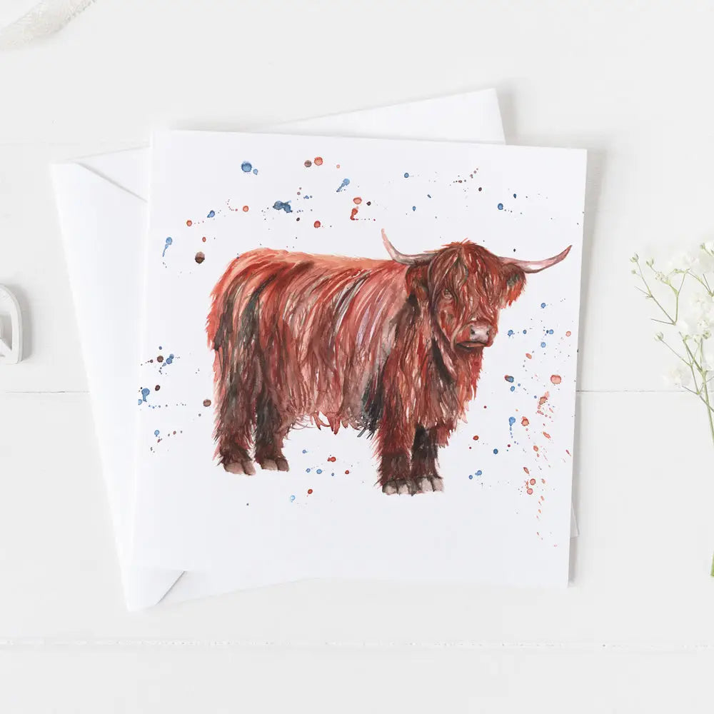 Watercolour Highland cow greeting card featuring a softly painted Scottish cow design on premium card stock, ideal for any occasion.