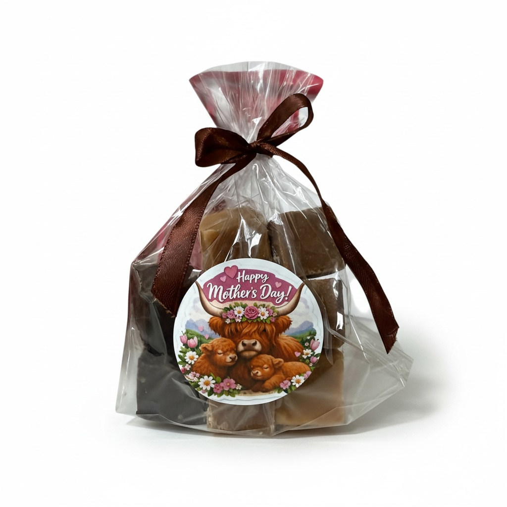Mother’s Day fudge gift bag with Highland cow design, filled with creamy assorted fudge pieces.