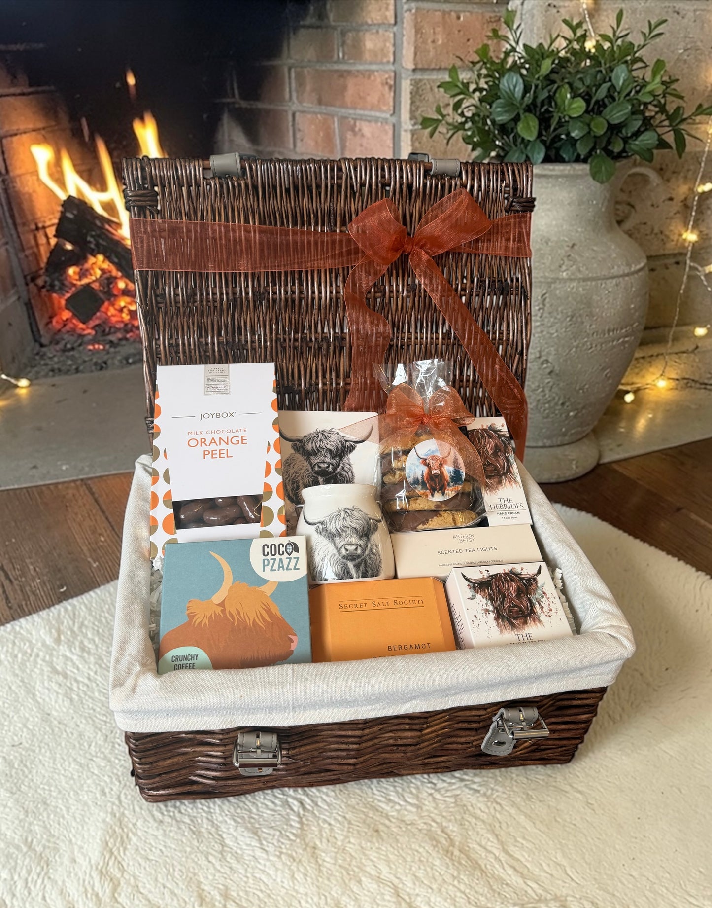 Highland cow themed hamper gift with gourmet treats, hand cream, soap and more 