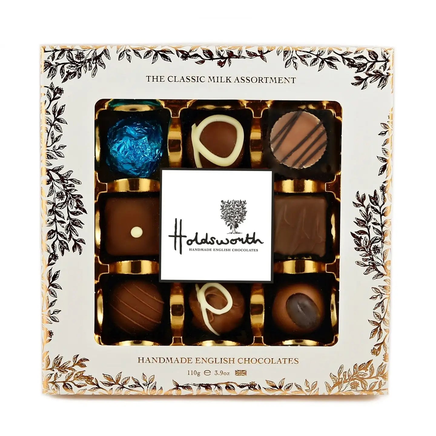 Holdsworth Chocolates Classic Milk Assortment in white foil-embossed gift box with milk chocolate truffles and pralines