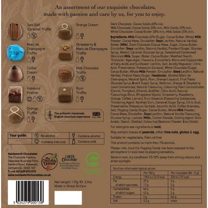 Holdsworth Chocolates Classic Milk Assortment in white foil-embossed gift box with milk chocolate truffles and pralines
