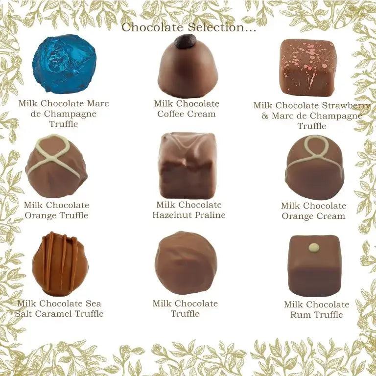 Holdsworth Chocolates Classic Milk Assortment in white foil-embossed gift box with milk chocolate truffles and pralines
