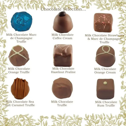 Holdsworth Chocolates Classic Milk Assortment in white foil-embossed gift box with milk chocolate truffles and pralines