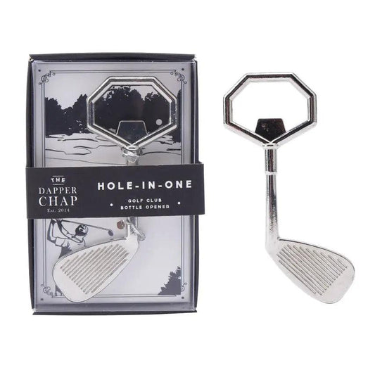 Hole in One golf club bottle opener with unique design and practical handle.