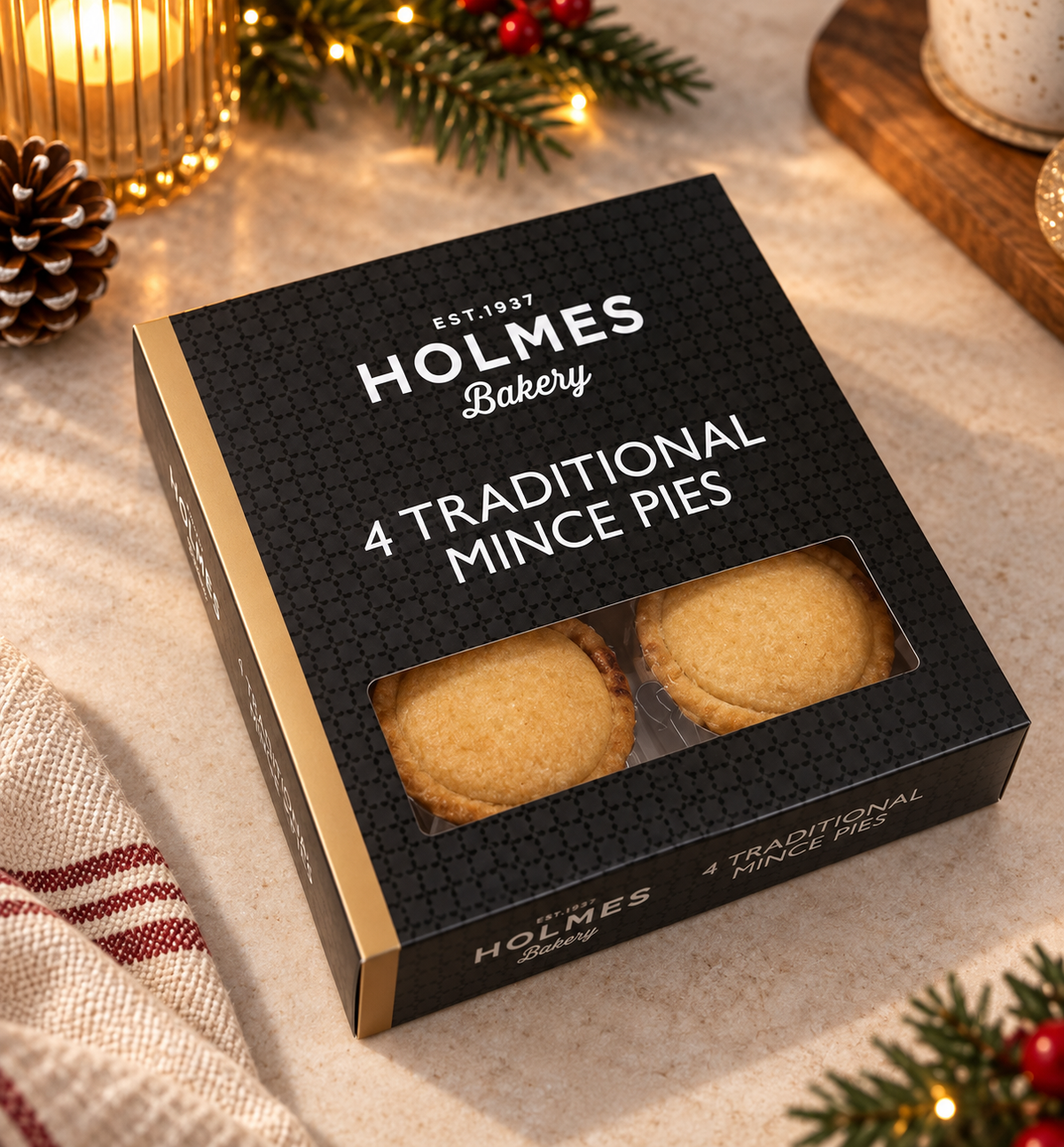 Holmes Bakery 4 Traditional Mince Pies, full of spiced mincemeat in buttery pastry. A festive gift for mince pie lovers, hosts and Christmas Eve.