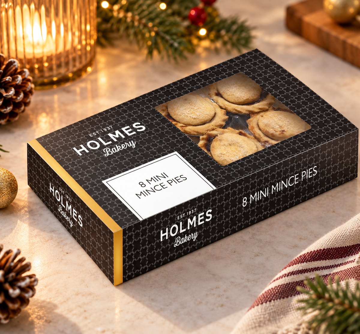 Holmes Bakery 8 Mini Mince Pies with buttery pastry and spiced mincemeat. A festive gift for Christmas Eve boxes, teachers and tea with friends.
