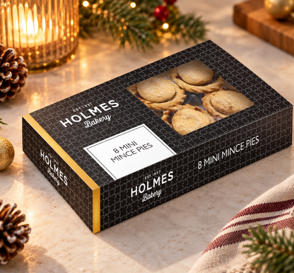 Holmes Bakery 8 Mini Mince Pies with buttery pastry and spiced mincemeat. A festive gift for Christmas Eve boxes, teachers and tea with friends.