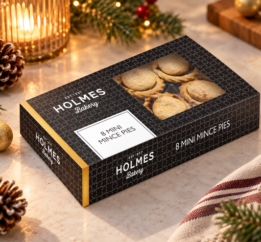 Holmes Bakery 8 Mini Mince Pies with buttery pastry and spiced mincemeat. A festive gift for Christmas Eve boxes, teachers and tea with friends.