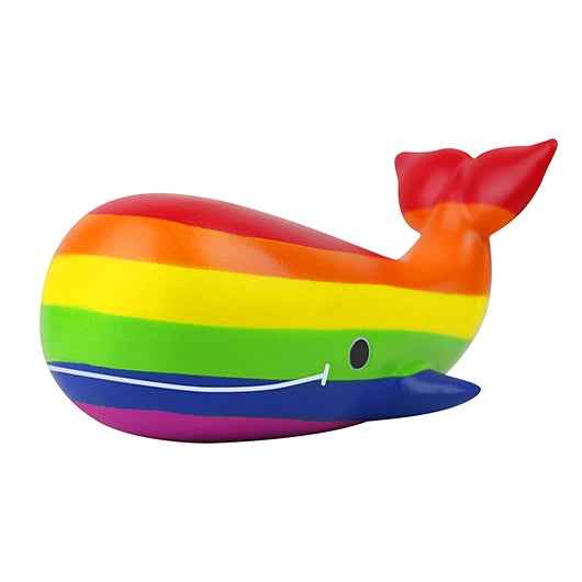 Cute rainbow-coloured Homosexuwhale stress toy designed for squeezing to relieve stress.