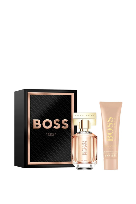Hugo Boss The Scent Set For Her blends peach, freesia, osmanthus & cocoa for a warm, elegant fragrance.