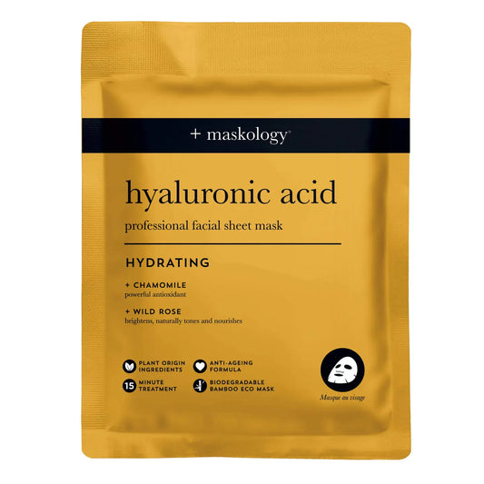 Hyaluronic Acid professional sheet mask with intense hydration by Maskology, featuring chamomile and wild rose.