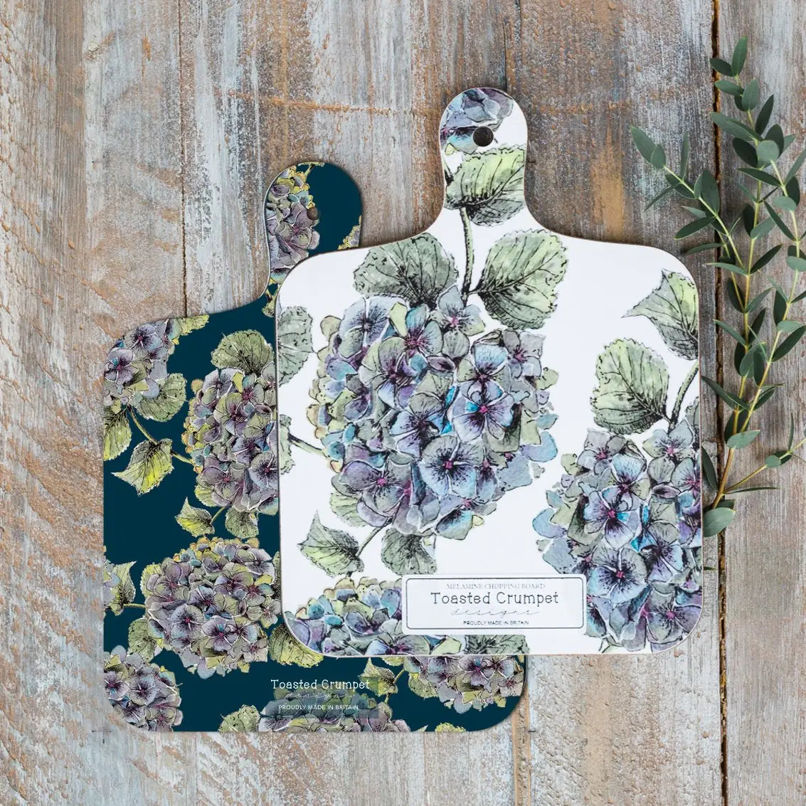Hydrangea Mini Double Sided Chopping Board with floral design on wooden surface.
