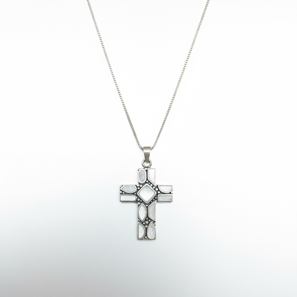 Sterling Silver Pearlescent Cross Pendant Necklace on Sterling Silver Chain