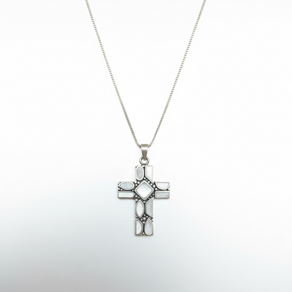 Sterling Silver Pearlescent Cross Pendant Necklace on Sterling Silver Chain