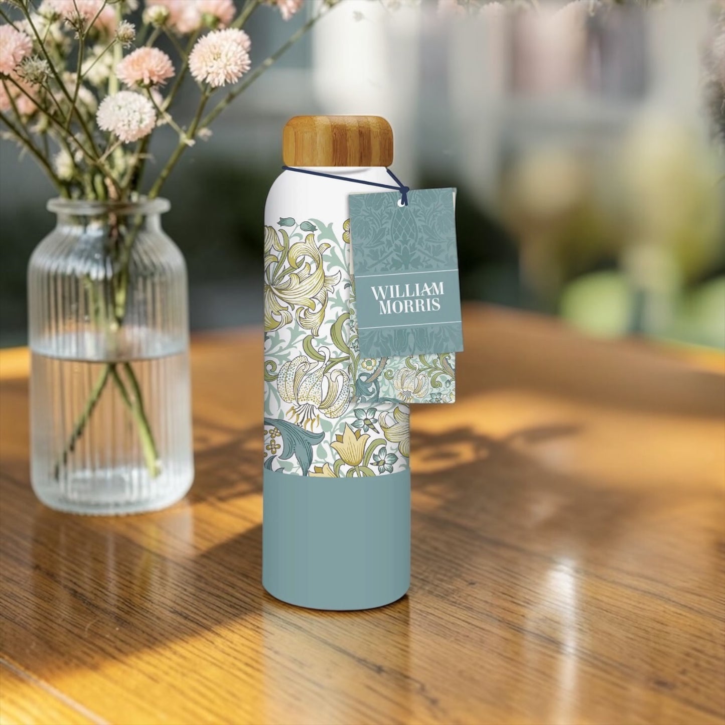 William Morris Golden Lily Patterned Glass Bottle with Bamboo Lid | 600ml