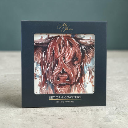The Hebrides' Highland Cow Watercolour Design Coasters | Set of 4