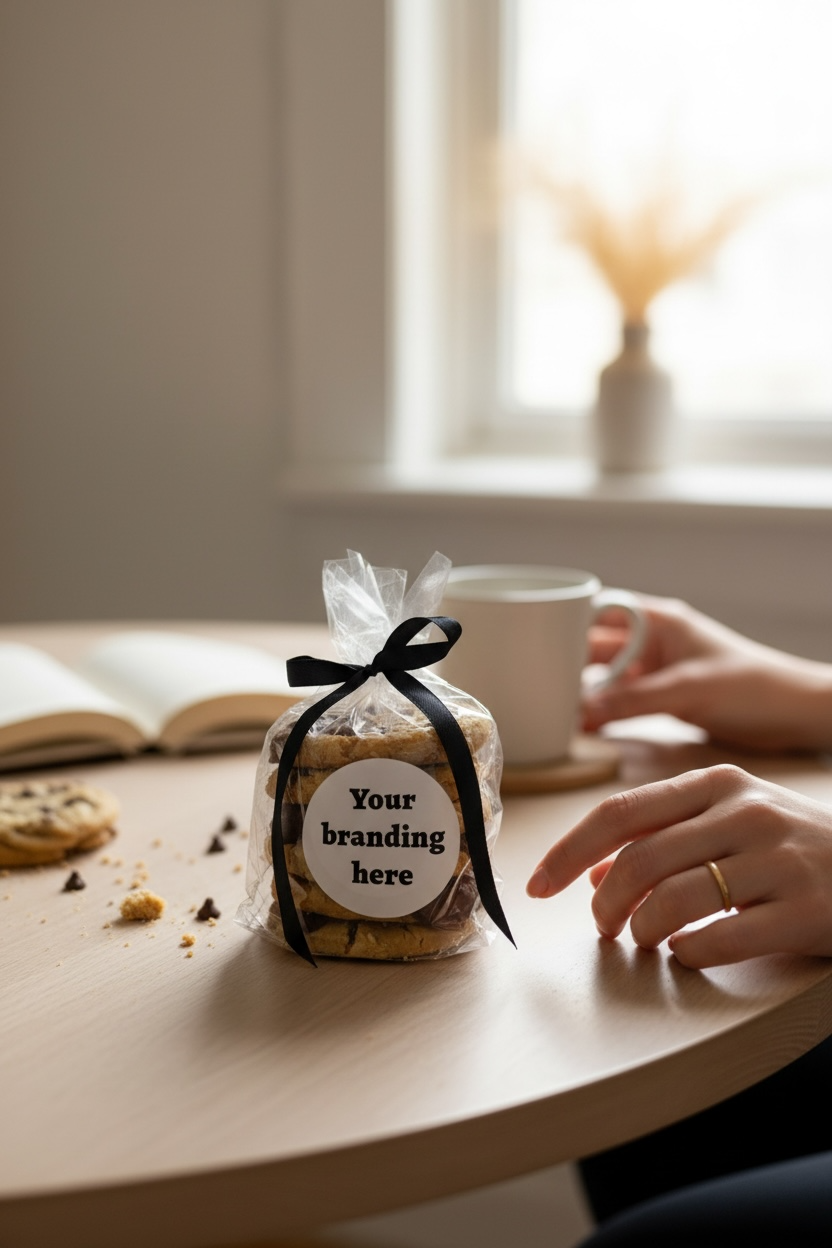 Packaged treat with a black ribbon and 'Your branding here' label on a table with a cup and cookies.