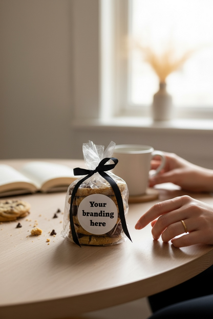 Packaged treat with a black ribbon and 'Your branding here' label on a table with a cup and cookies.