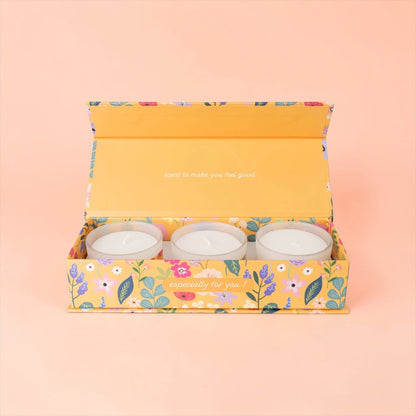Set of 3 Candle Gift Set Happy Birthday - Floral Ochre