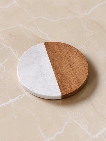 White Marble and Wood Drink Coaster