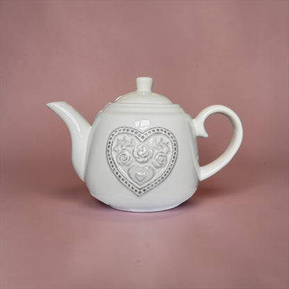 White Ceramic Teapot with Floral
Heart Detail