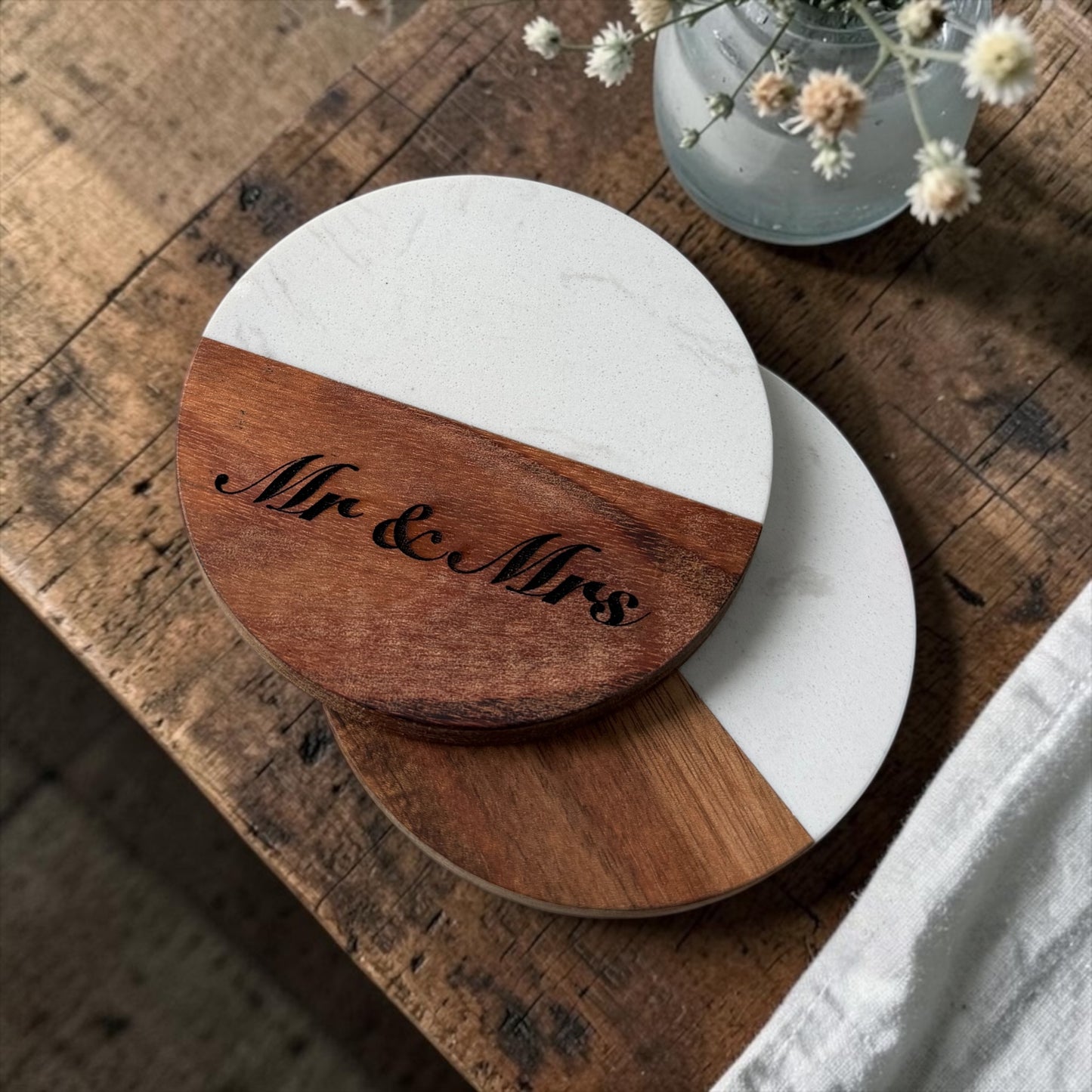 Personalised Couple’s Marble & Wood Coaster Set of 2