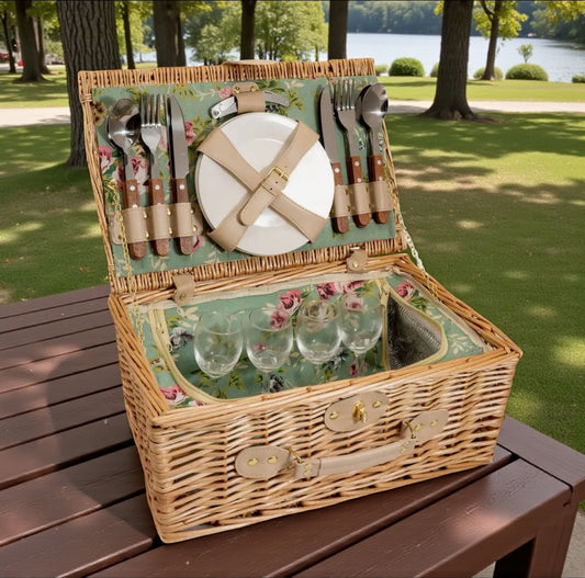4 Person English Rose Lined Wicker Picnic Hamper