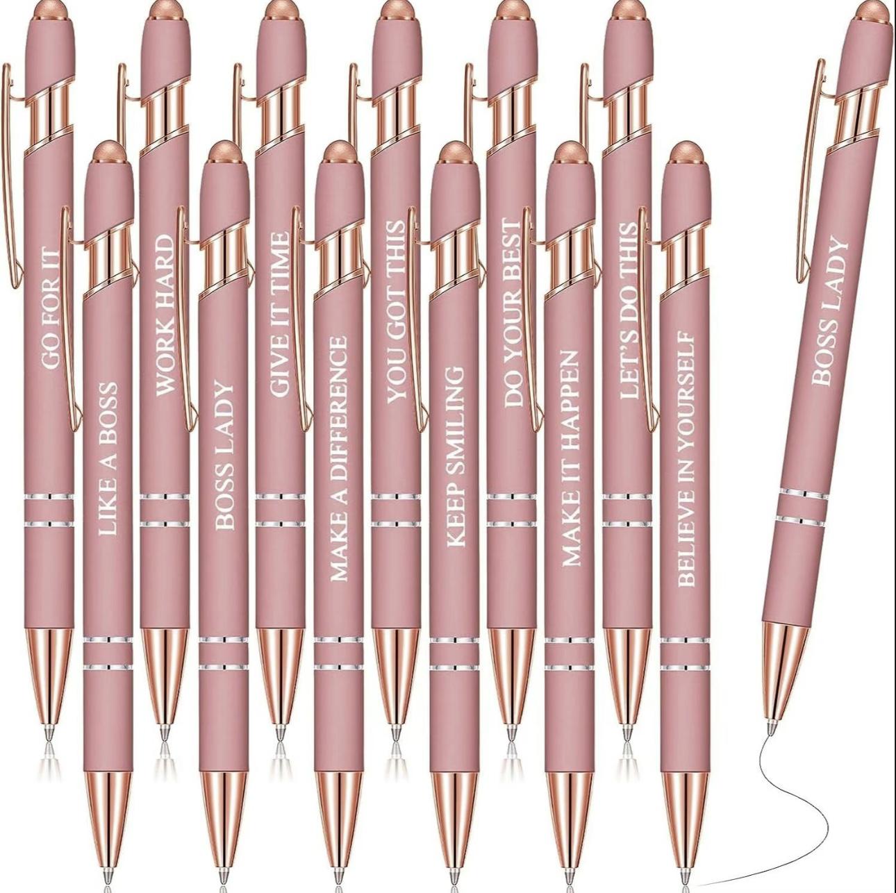 Premium pink pens engraved with motivational quotes, designed for inspiration and elegance.