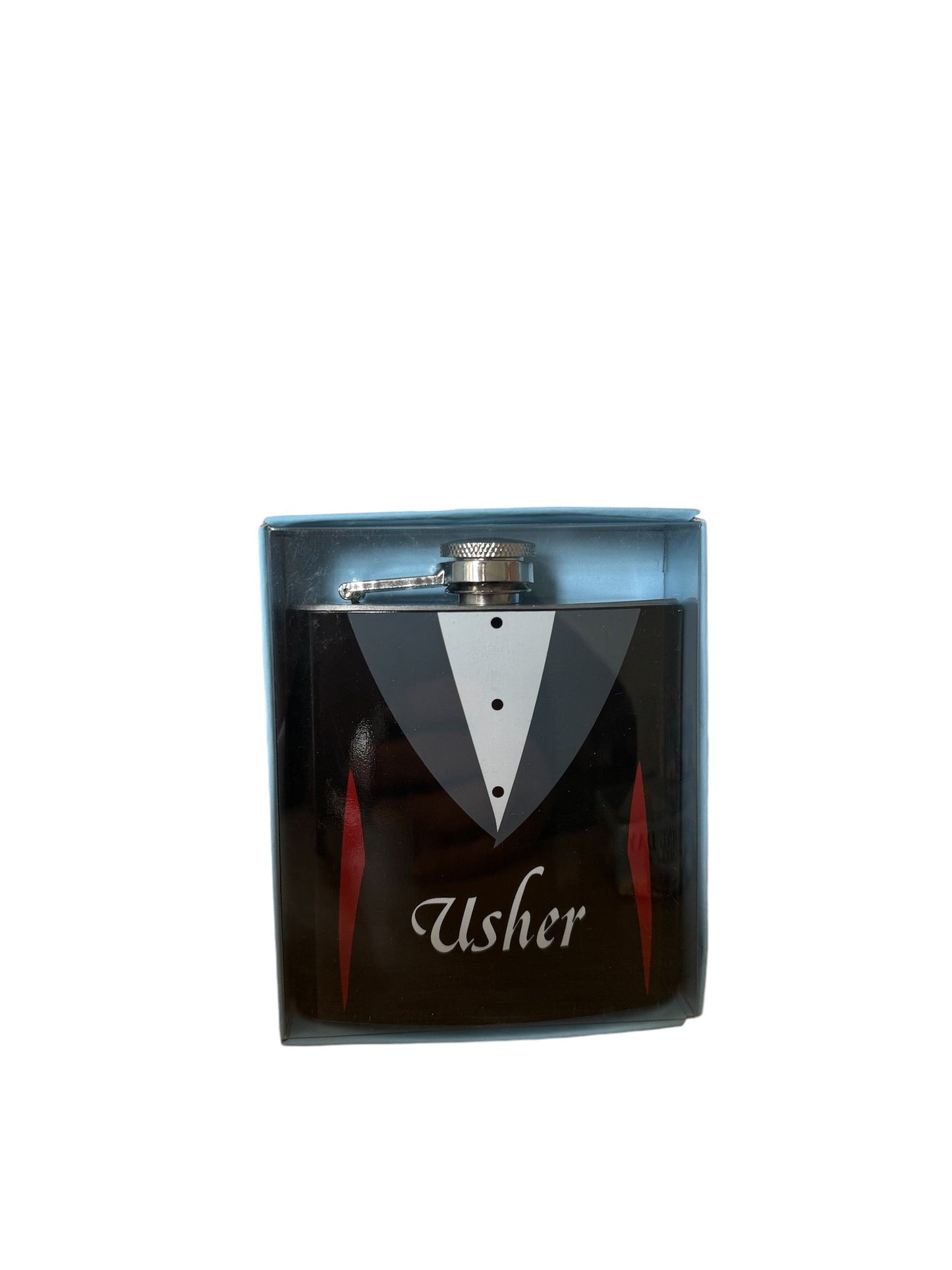 Stainless steel wedding-themed hip flask for ushers in tuxedo design.