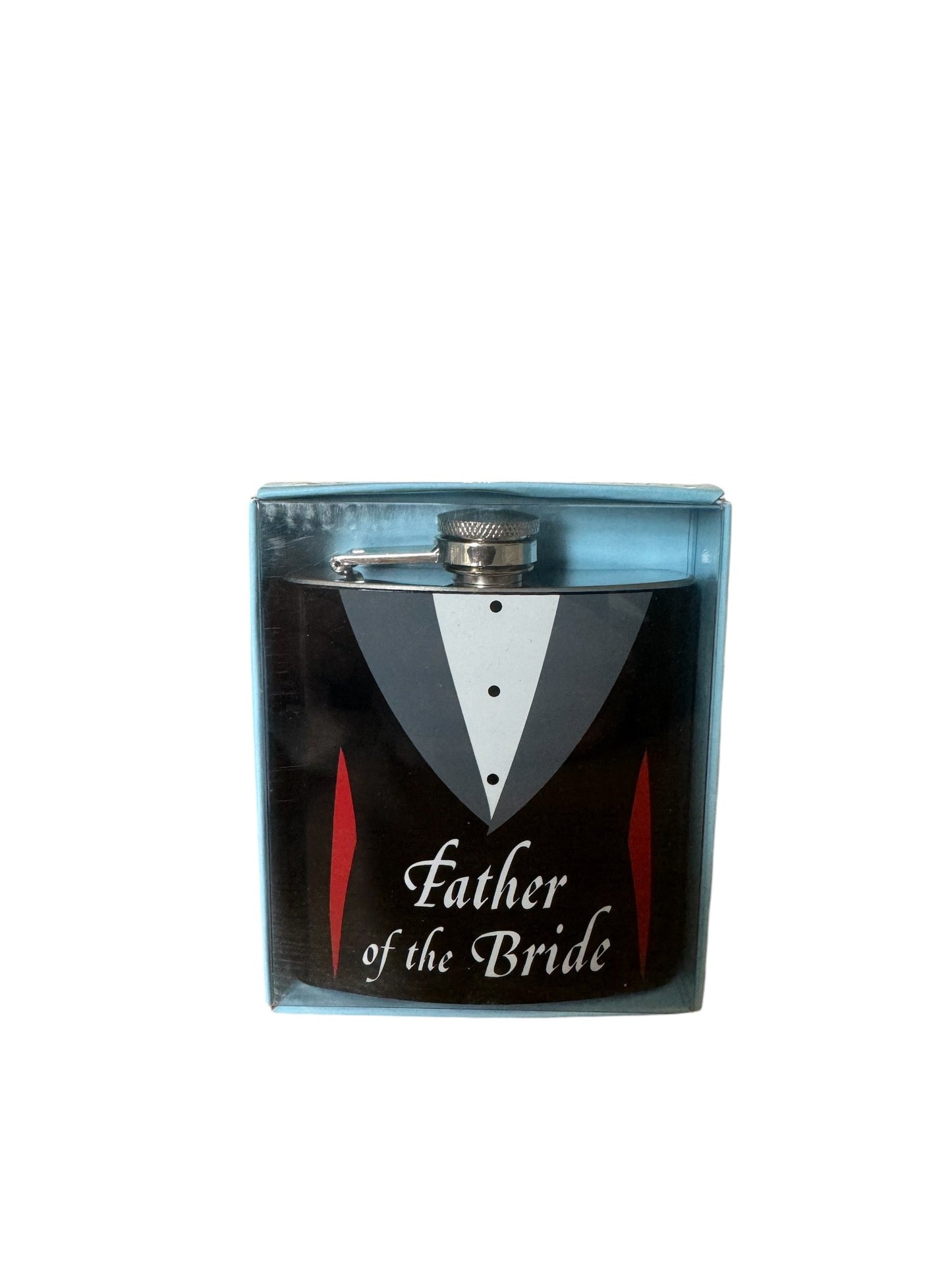 Stainless Steel Wedding Hip Flask for Father of the Bride in gift packaging.