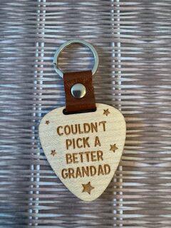 Grandad wooden keyring guitar pick shape leather strap