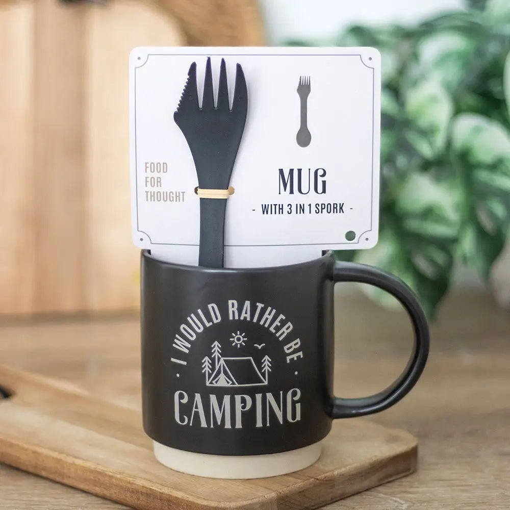Camping mug and spork set—durable, fun, and ready for coffee, meals, and every adventure ahead.