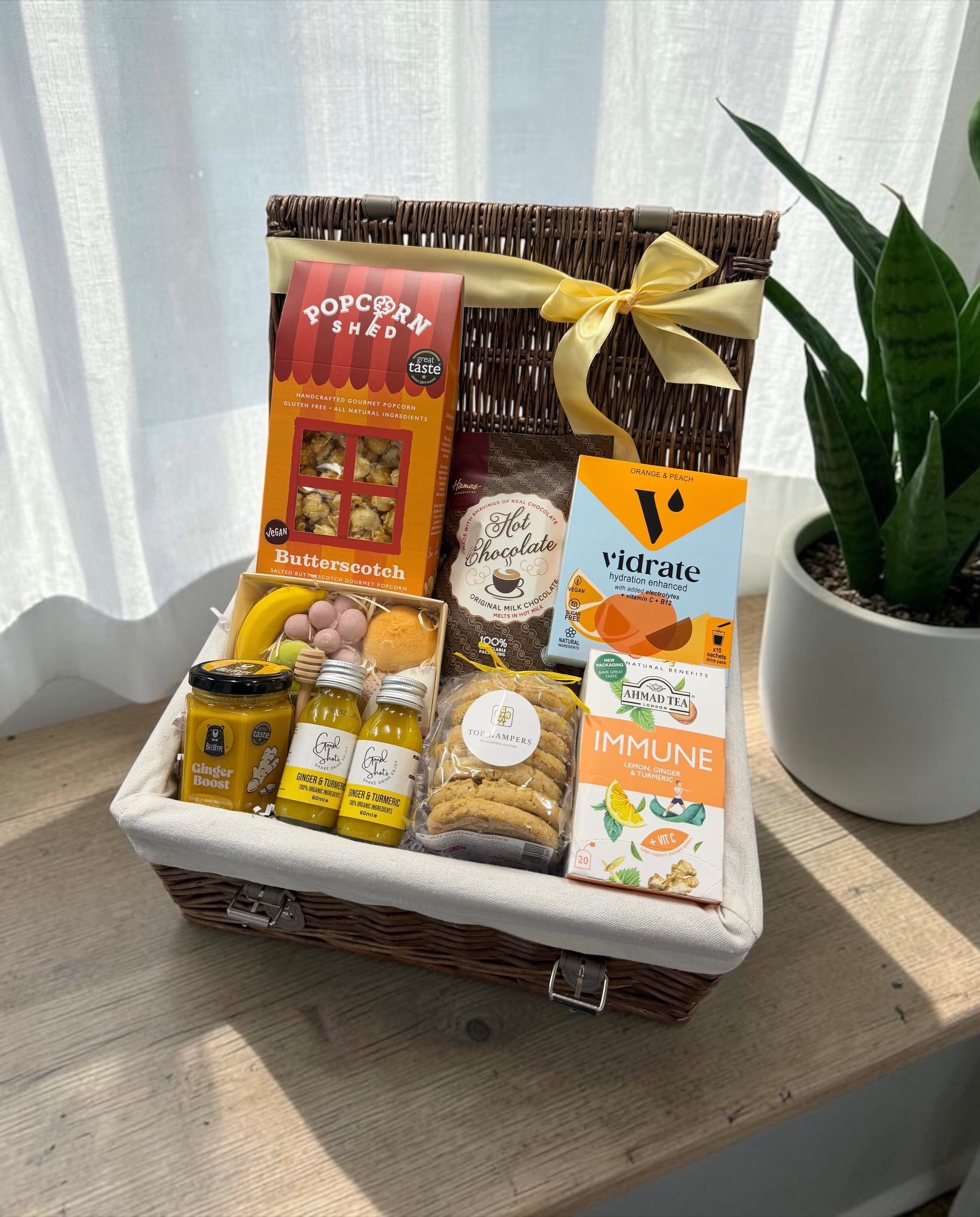 Immune Boost Get Well Food Hamper With hydration sachets, immune tea, ginger boost honey,  good shots, hot chocolate, fruit chocolate and biscuits 
