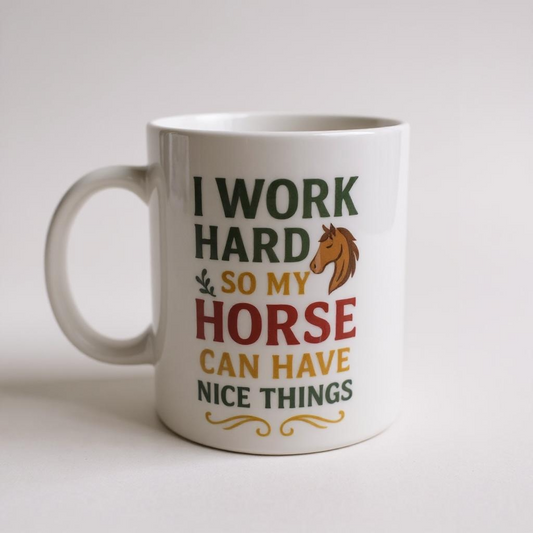 White mug with text 'I work hard so my horse can have nice things' and a horse icon on a light gray background